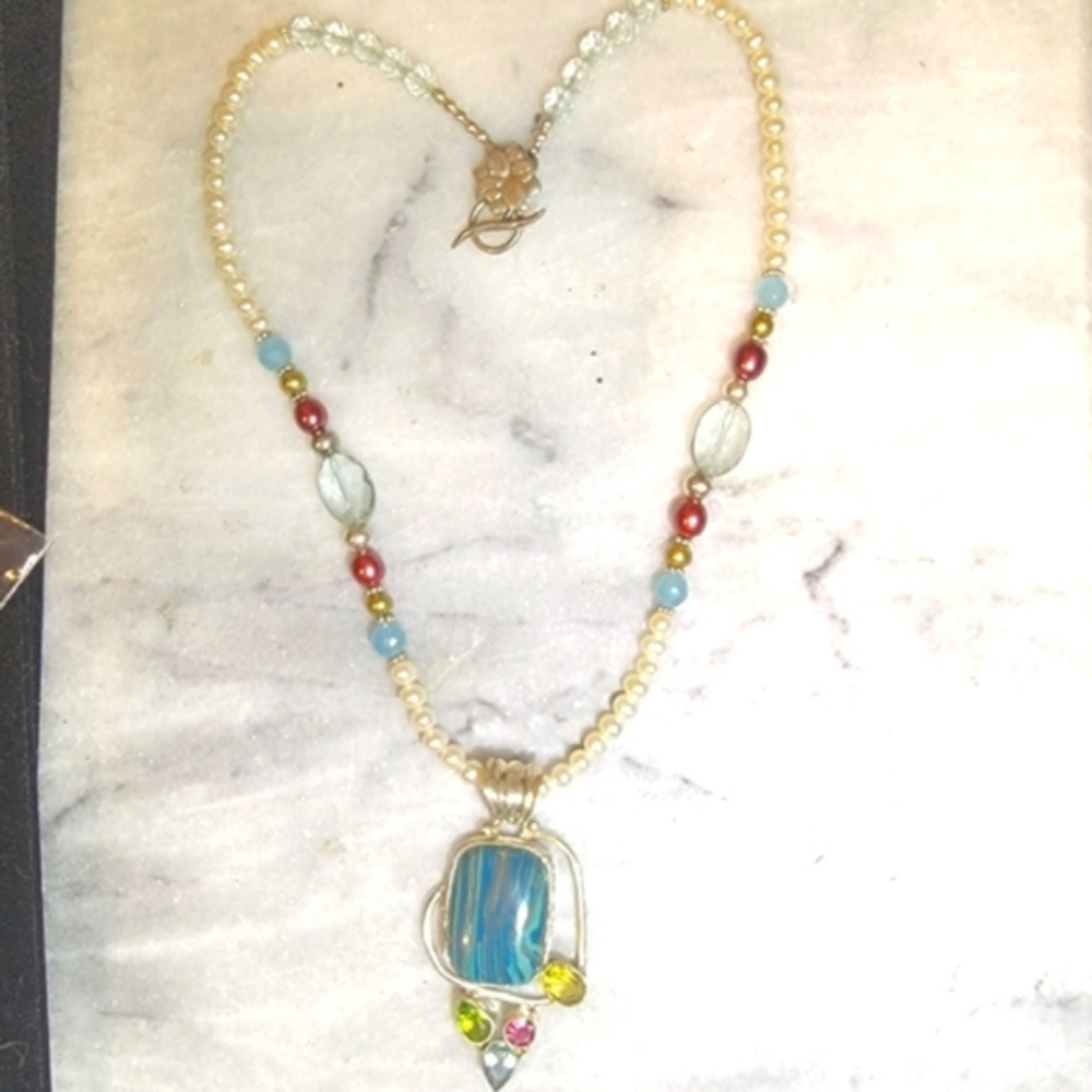 Artisan Pearl Rainbow Calsilica Topaz Tourmaline Sterling Necklace 18" Earrings - Picture 8 of 9